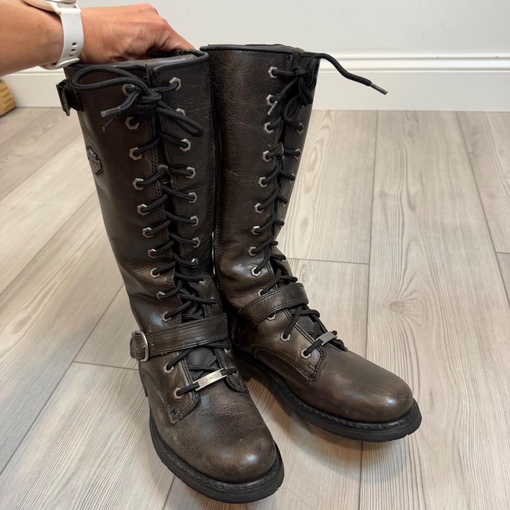 Harley Davidson Womens D83721 Tall Leather Moto Boots Brown Lace Up Buckle 9M - Picture 6 of 9